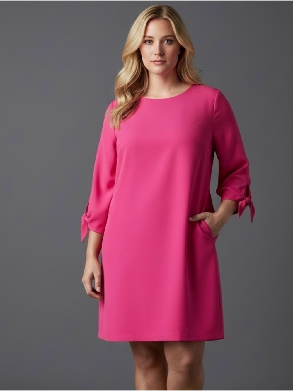 CeCe Hot Pink Midi Shift Dress with Tie-Sleeves